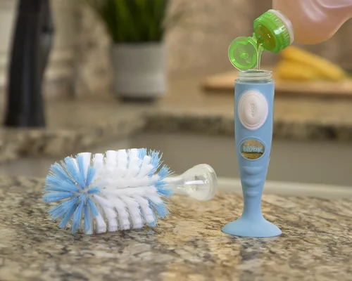 Miniatura 3 de Nuby Cepillo para botella de cerdas suaves y duraderas con asas texturizadas y base de succión, sistema 2 en 1, color azul