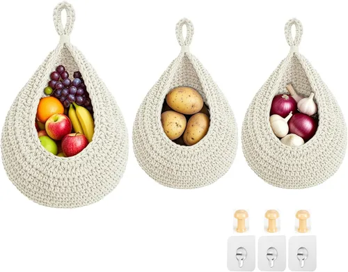 Miniatura 9 de Cestas colgantes de frutas para cocina, paquete de 3 cestas bohemias de cuerda de algodón tejida a mano para almacenamiento de verduras montadas