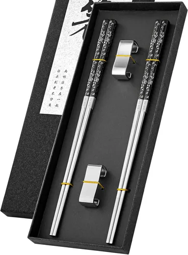 FOFAYU Palillos de metal reutilizables, 2 pares de palillos de acero inoxidable chapados en titanio con soporte, aptos para lavavajillas,