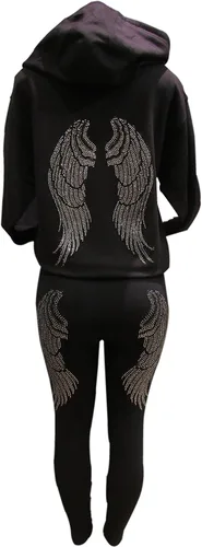 Miniatura 5 de Plata y Negro Rhinestone alas de ángel manga larga Capucha cierre Suéter Negro