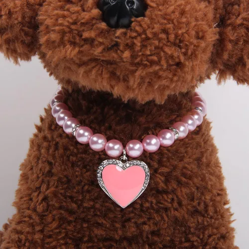 Miniatura 2 de Collar de perlas de perro y gato con diamantes de imitación, dije de corazón con dije de corazón para mascotas y cachorros (S, rosa)