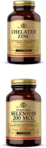 Solgar Zinc quelado, 250 tabletas – Zinc para una piel sana + selenio Solgar sin levadura de 200 mcg, 250 tabletas – Apoya la salud antioxidante y