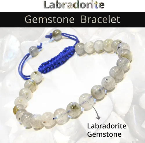 Miniatura 99 de Adjustable Crystal Bracelet – Gemstone Bead Bracelet with Adjustable Macrame String – Chic Gemstone Bracelet for Men and Women – 8mm Round Healing