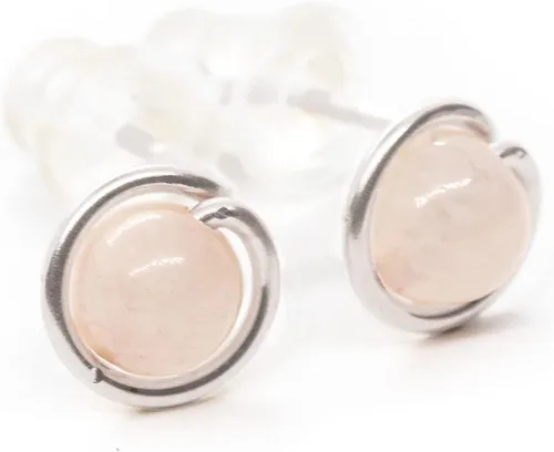 Miniatura 5 de Pequeños aretes de cuarzo rosa de 14 quilates rellenos de oro rosa círculo redondo hecho a mano