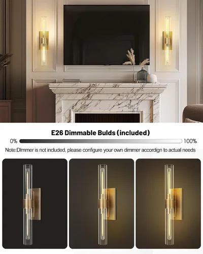 Miniatura 5 de Apliques de pared modernos de latón y vidrio, luces de tocador de 24 pulgadas para baño, 2 luces, aplique de pared lineal horizontal o vertical