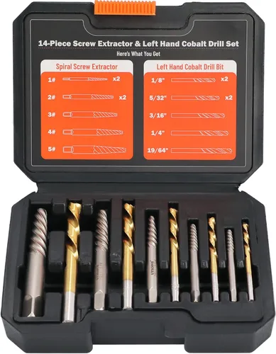 Juego de 10 piezas de extractor de tornillos pelados, brocas de mano izquierda de acero Cr-Mo 35# y HSS 6542 Cobalto | Kit de extracción de