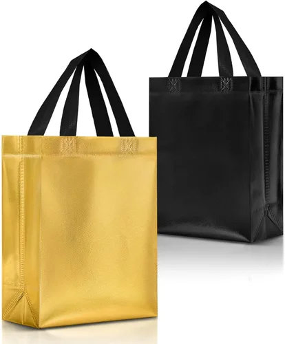 Nush Nush Bolsas de regalo negras y doradas de tamaño mediano, juego de 12 bolsas de regalo reutilizables con asa (6 de cada uno de colores negro y
