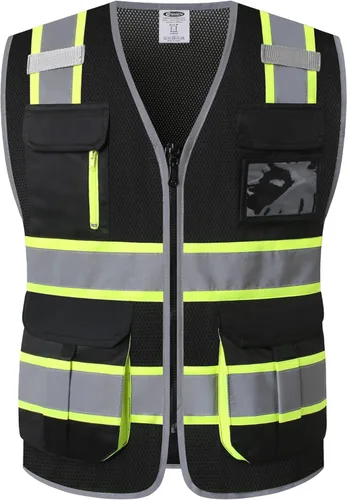 Miniatura 5 de JKSafety Chaleco de seguridad de malla de alta visibilidad con 9 bolsillos para hombres y mujeres, Chaleco reflectante de seguridad, cremallera