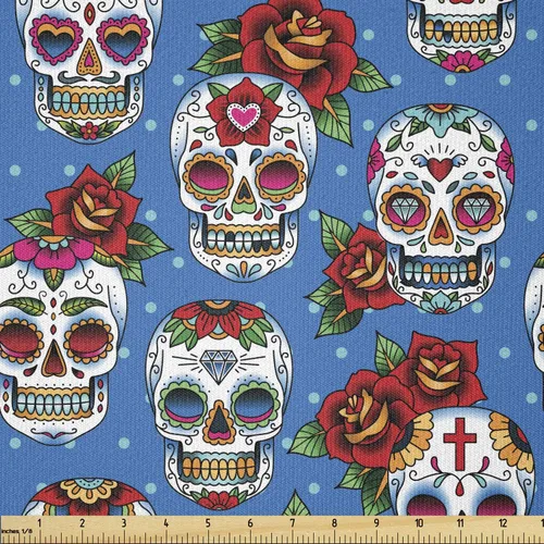 Miniatura 19 de Ambesonne The Yard, tela de calavera colorida con temática de Halloween, diseño de calavera y huesos cruzados, divertido estampado de dibujos