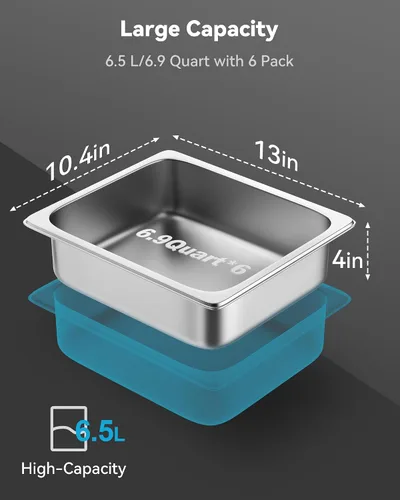 Miniatura 3 de ZeroPone Paquete de 6 sartenes para hotel, tamaño 1/2, 4" de profundidad, sartén de mesa de vapor de acero inoxidable, 32.5 cm L x 26.4 cm W