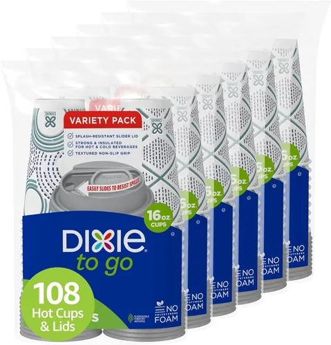 Dixie To Go - Tazas de café de papel con tapas, 16 onzas, 108 unidades (6 paquetes de 18 tazas), vasos de papel aislantes desechables para bebidas