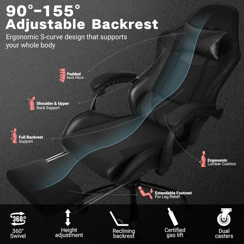Miniatura 7 de Silla de juegos, silla ergonómica para computadora con reposapiés y soporte lumbar, silla de oficina ajustable en altura con asiento giratorio