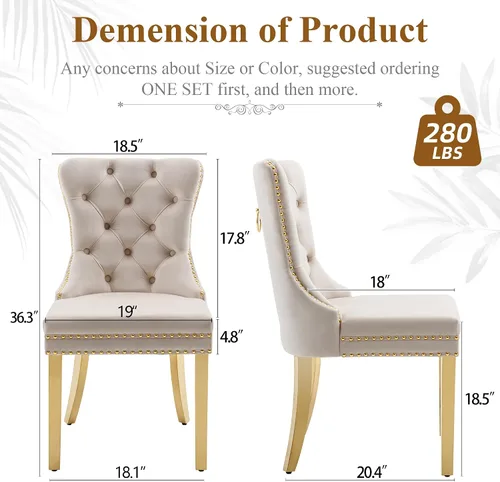 Miniatura 3 de civama Juego de 2 sillas de comedor de la colección Nikki de terciopelo, tapizadas, modernas, de lujo, copetudas, con ribete de clavos, anillo Beige