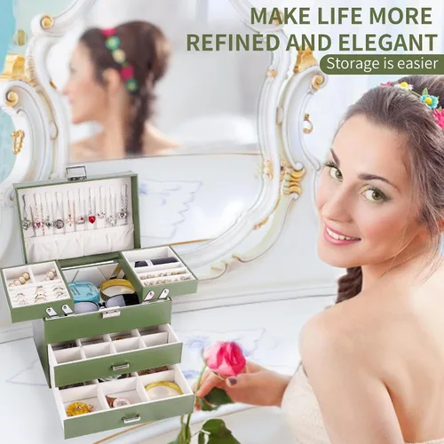 Miniatura 7 de Dajasan Caja organizadora de joyas para mujeres y niñas, organizador de joyas, caja de joyería de cuero de 4 capas, idea de regalo para el día