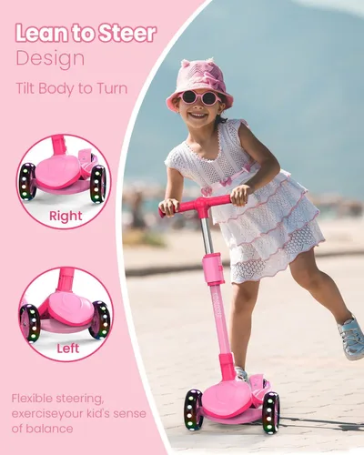 Miniatura 5 de Patinete ajustable 2 en 1 para niños de 3 a 5 años (adecuado de 3 a 12 años), manillar de 5 niveles y asiento extraíble, ruedas con luces LED, Rosa