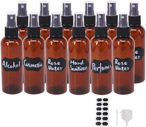 Paquete de 12 botellas de spray de niebla fina de 3.3 onzas, botellas de plástico ámbar para aceites esenciales, perfumes, alcohol, botella de