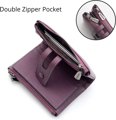 Miniatura 3 de Bveyzi - Billetera pequeña de cuero suave para mujer con bloqueo RFID, tarjetero para damas con doble bolsillo con cremallera