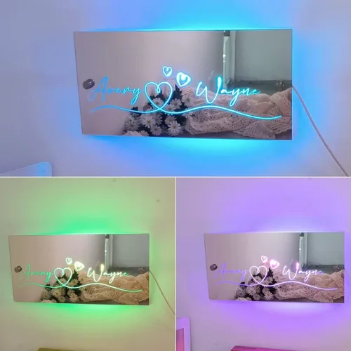Espejo de dormitorio con nombre personalizado, luz LED, letreros de neón con luces, cumpleaños, boda, fiesta, letrero personalizado para decoración