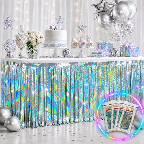 Miniatura 13 de Faldas de mesa de oropel de papel metálico con flecos para mesas rectangulares, cortinas de serpentina, telón de fondo para cumpleaños, boda
