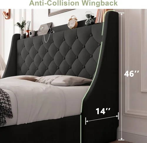 Miniatura 6 de Feonase Marco de cama tapizado de tamaño completo con 4 cajones de almacenamiento, cabecera de almacenamiento grande tipo wingback, no necesita Negro