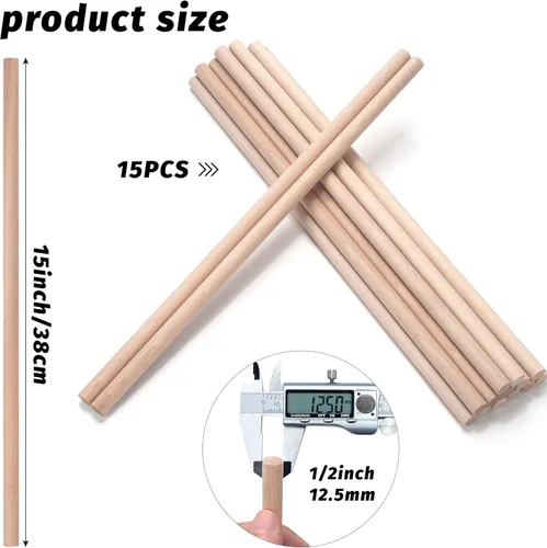 Miniatura 2 de ONUPGO 15 varillas de madera dura de 1/2 x 15 pulgadas, palos de madera redonda natural sin terminar, superficie lisa recta sin rebabas