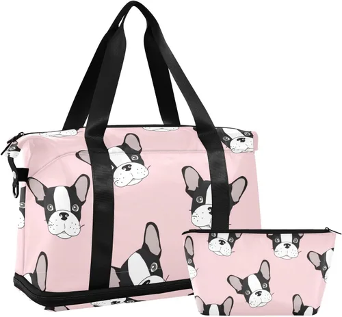 Miniatura 7 de Bolsa de viaje deportiva de bulldog francés para mujeres y hombres, bolsa de gimnasio con compartimento para zapatos, bolsillo húmedo, bolsas