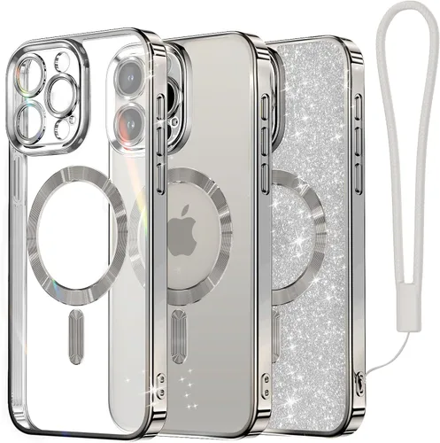 Miniatura 25 de Meifigno Candy Mag Series - Funda diseñada para iPhone 15 Pro, compatible con MagSafe, tarjeta con purpurina y correa de muñeca, protección completa