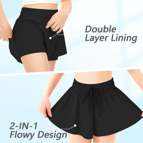 Miniatura 4 de QooNoo Girls Butterfly Shorts with Pocket Flowy Athletic Shorts High Waist Preppy Running Shorts for Kids Teen