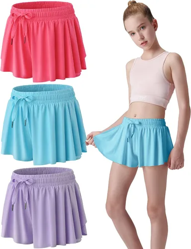 Paquete de 3 pantalones cortos fluidos para niñas con forro de elastano, 2 en 1, faldas de mariposa para jóvenes, para fitness, correr, deportes