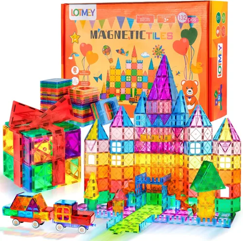 Lotmey 132 Piezas Azulejos Magnéticos con 2 Autos Conjunto Deluxe, Bloques de Construcción Magnéticos 3D, Juguetes STEM Magnéticos Preescolares