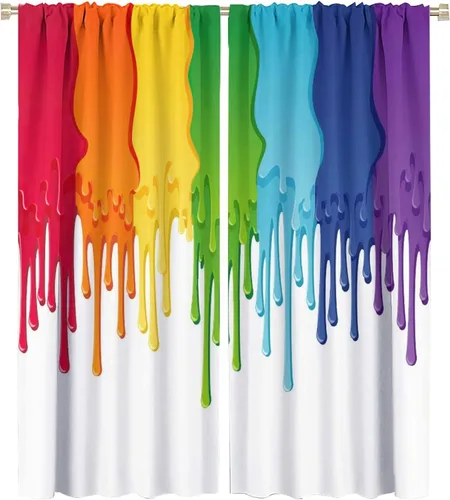 Miniatura 43 de Cortinas opacas abstractas de arco iris, pintura de color arcoíris con gotas, diseño gráfico creativo con bolsillo para barra, para sala de estar