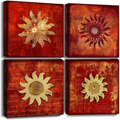 Lienzo con diseño de flores vintage, arte de pared para baño, 4 piezas, enmarcado, abstracto, girasol rojo, listo para colgar, para decoración del