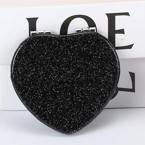Miniatura 6 de Bonito espejo compacto en forma de corazón para bolso, espejo de viaje negro con purpurina, espejo de bolsillo pequeño de cuero, espejo