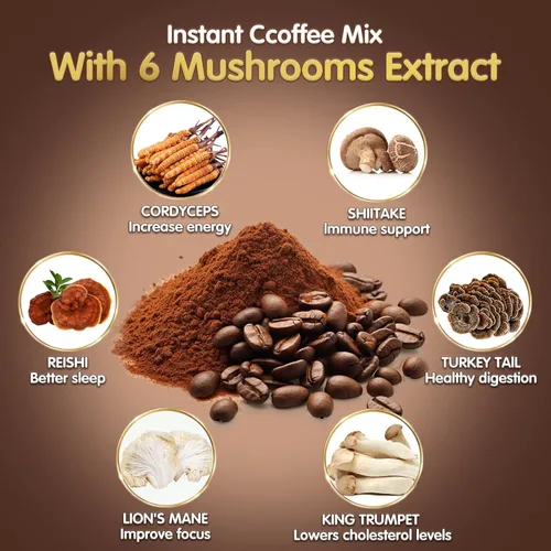 Miniatura 5 de Café de Hongos, 6 Hongos Adaptogénicos (Melena de León, Cordyceps, Cola de Pavo y Otros) Mezclados con Café Instantáneo Premium para Concentración