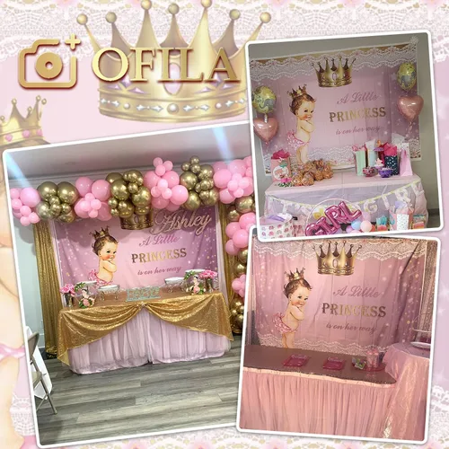 Miniatura 3 de Telón de fondo de princesa para baby shower para niña, 8 x 6 pies, corona dorada, encaje rosa, fondo de fotografía con texto en inglés "A Little
