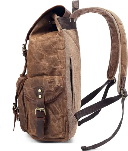 Miniatura 6 de HuaChen Mochila vintage de lona encerada con solapa de cuero genuino, mochila de viaje y trabajo, mochila resistente al agua con bolsillo antirrobo
