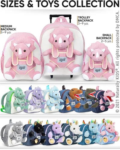 Miniatura 7 de Naturally KIDS Mochila para niños y niñas con animales de peluche, regalos para niños de 3, 4, 5, 6, 7 años, 04 Small Pink Triceratops, Viajar