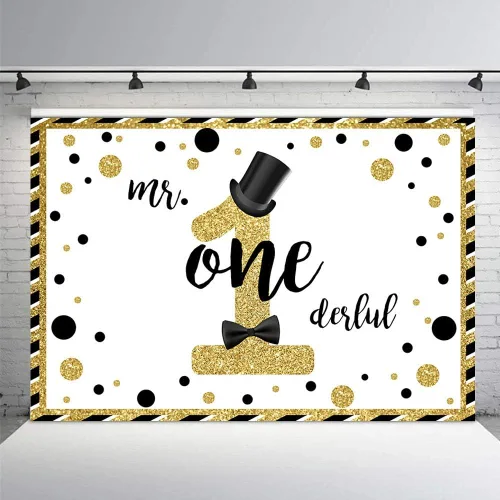 Miniatura 3 de MEHOFOND Mr Onederful - Fondo de cabina de estudio fotográfico negro y dorado con purpurina dorada, sombrero negro, pajarita para decoración