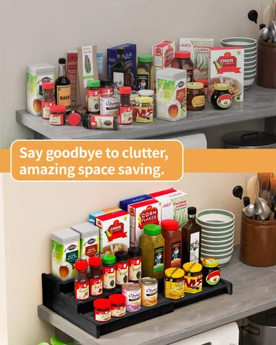 Miniatura 2 de VenDotbi Estante para especias, organizador de especias de bambú expandible de 3 niveles para gabinetes, cocina, despensa y armario, color negro