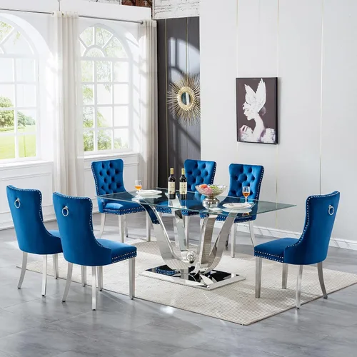 Miniatura 46 de Mesa de comedor moderna de vidrio de 70 pulgadas para 6-8, mesa de comedor de cristal dorado de lujo con base de acero inoxidable en forma de flores