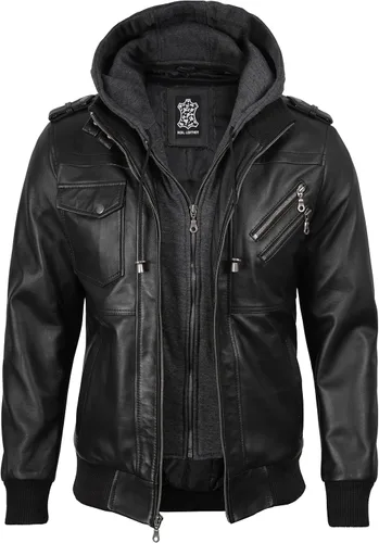 Miniatura 4 de Blingsoul Chaqueta de cuero para hombre Chaquetas de cuero negras con capucha desmontable para hombres