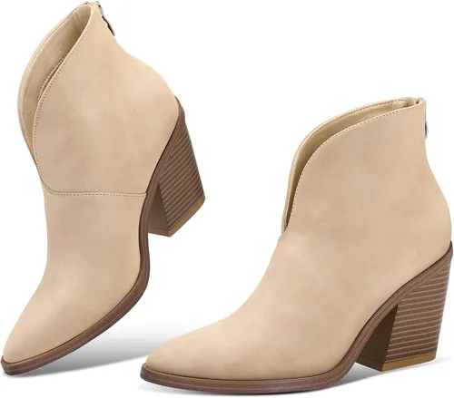 Miniatura 3 de mysoft Women's V Cut Out Ankle Boots Slip On Pointed Toe Chunky Stacked Heel Booties