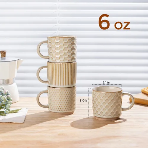 Miniatura 2 de GBhome Tazas de café apilables de 6 onzas, tazas de café de cerámica con patrones de textura para hombre, mujer, papá, mamá, juego de 4 tazas