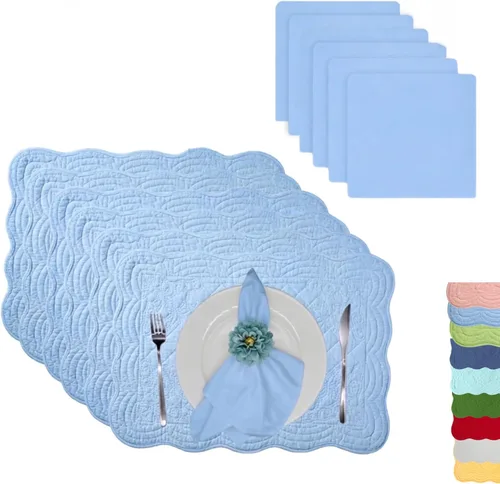 Miniatura 15 de Juego de 4 manteles individuales acolchados de algodón con servilletas a juego, manteles de mesa y servilletas de tela 100% algodón, juego de 8
