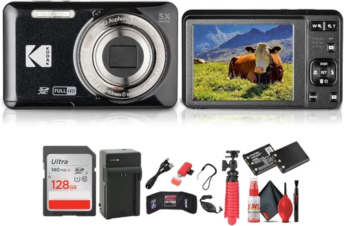 Kodak Pixpro FZ55 Cámara digital (negro) El paquete incluye: tarjeta de memoria de 128 GB, batería recargable, cargador de batería, trípode