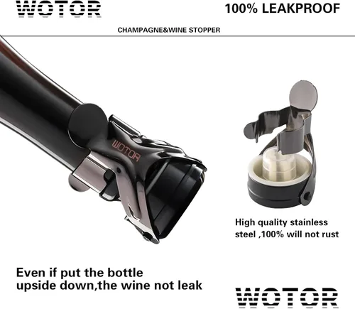 Miniatura 2 de WOTOR Tapones para botella de vino y champán de acero inoxidable con silicona de grado alimenticio, a prueba de fugas, se mantienen frescos, Negro