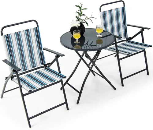 Tangkula Juego de mesa y sillas plegables de 3 piezas para exterior, sillas de comedor al aire libre con marco de metal resistente, juego de bistró