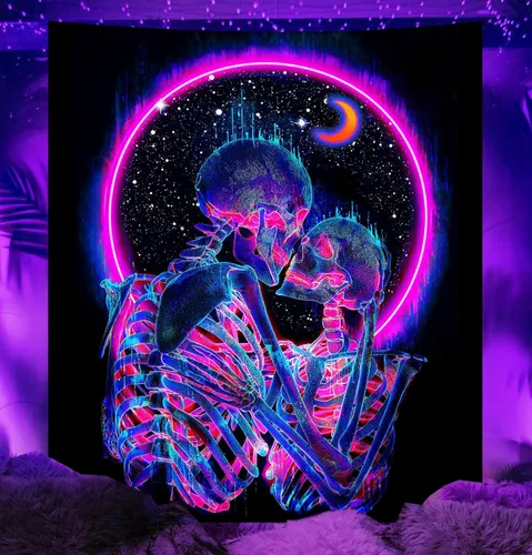 TUGCAY Tapiz de luz negra con calavera que brilla en la oscuridad, tapiz para amantes de los besos, esqueleto, neón, trippy, pósters verticales con