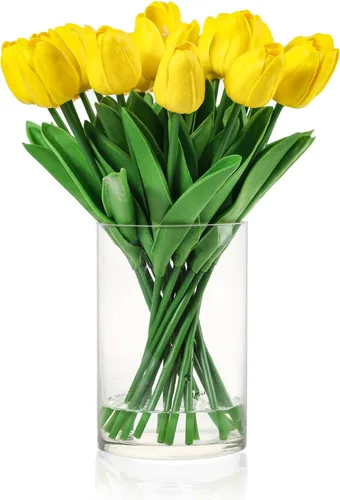 Miniatura 6 de 20 piezas de tulipanes de tacto real en jarrón, arreglos de tulipanes falsos con jarrón y agua falsa para decoración del hogar, mesa de comedor Rosa