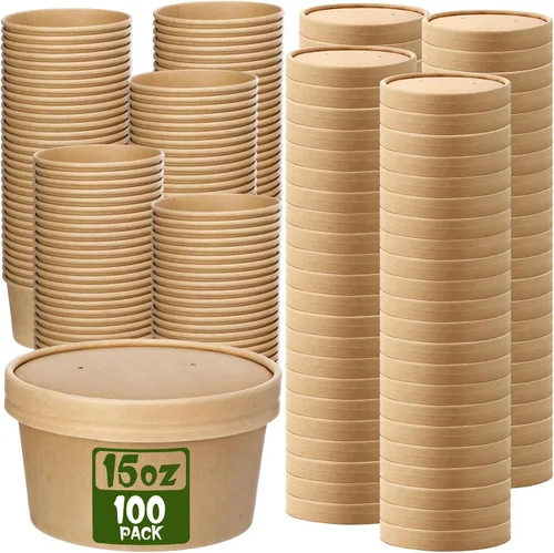 Miniatura 9 de Fulmoon Paquete de 100 recipientes de papel para sopa con tapas, recipientes de papel desechables para alimentos con tapa ventilada, tazas de postre
